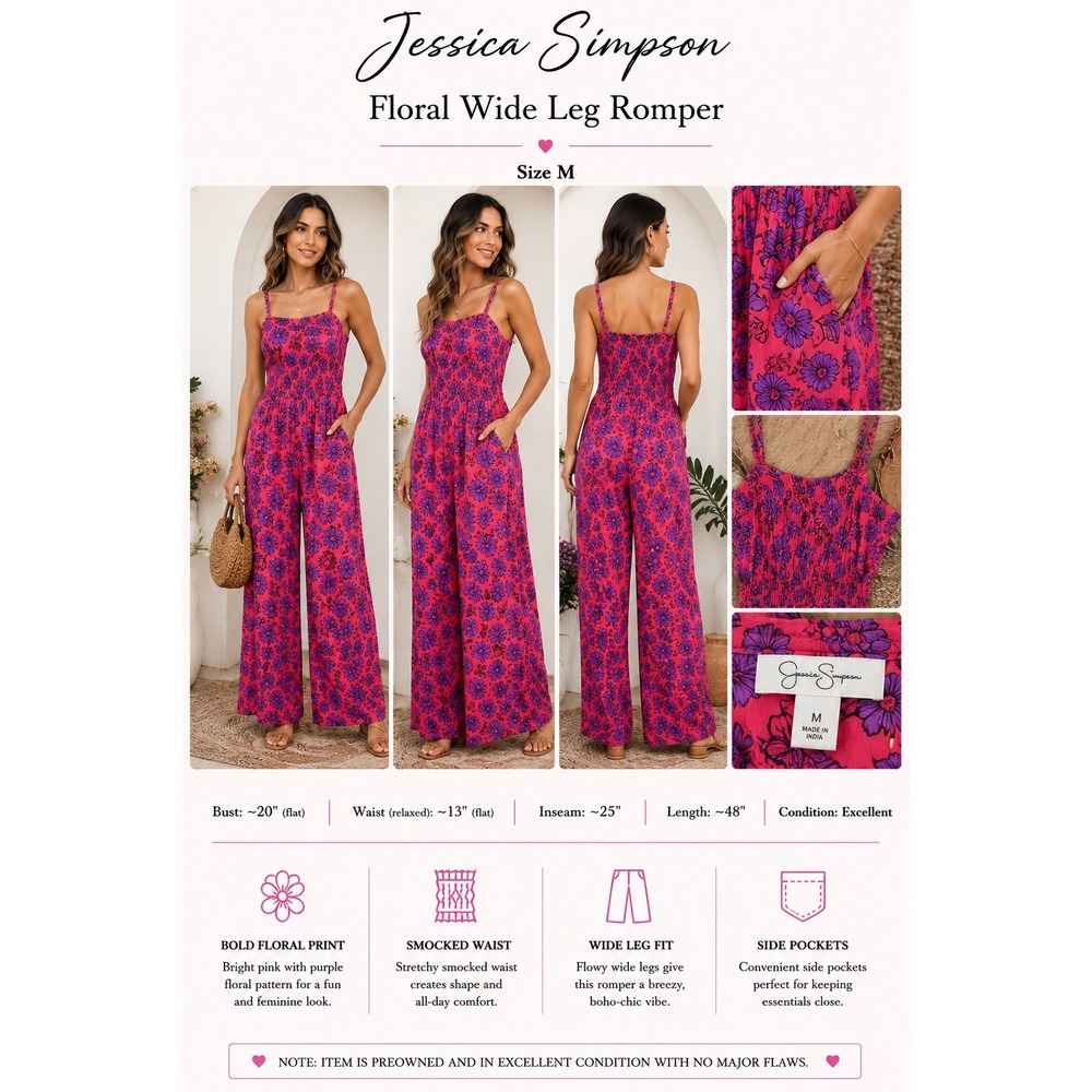 Jessica Simpson Floral Wide Leg Romper Pink Purple Smocked Waist Size M nwt - Picture 1 of 11